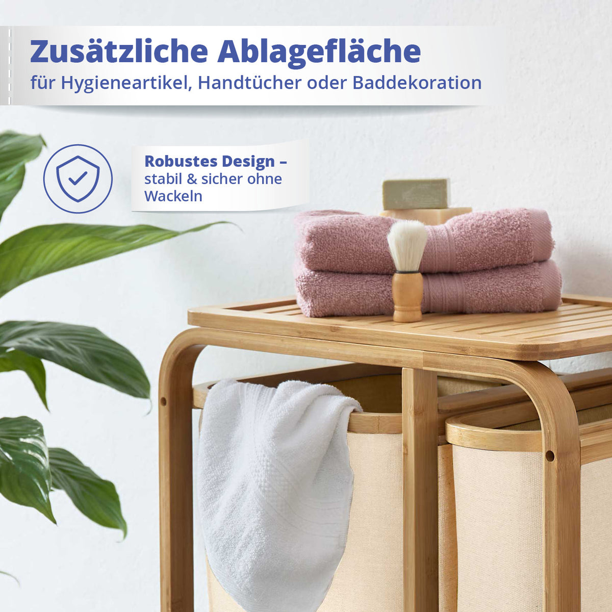 Bambus Wäschekorb - 1 XL Fach + 2 Kompaktfächer beige mit Ablagefläche für Badaccessoires, robust und stabil ohne Wackeln, 49,5 x 33 x 71 cm.