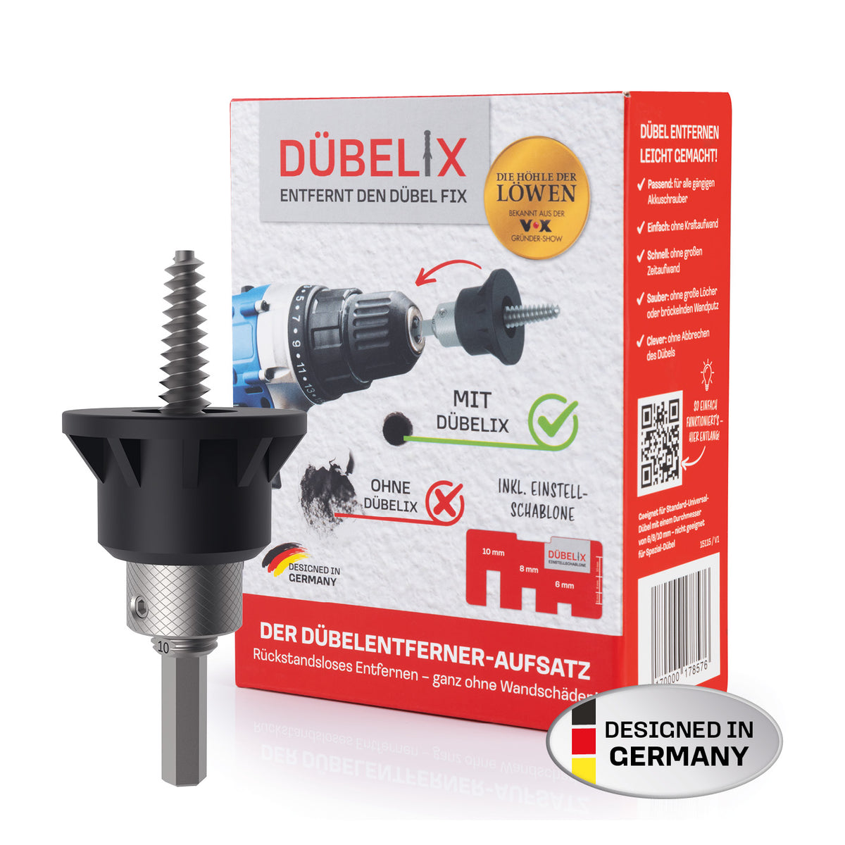 Dübelentferner inkl. Einstellschablone von Dübelix zum schnellen, sicheren und wandschadenfreien Entfernen von Dübeln mit Akkuschrauber.