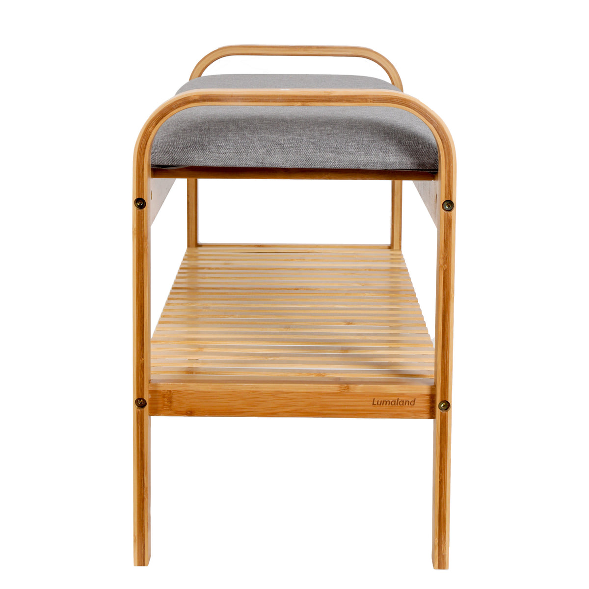 Schuhregal aus Bambus mit Sitzbank - 90 x 50 x 30 cm - Grau von Lumaland, stabile Bauweise, bequemes Sitzkissen, platzsparend und modern.