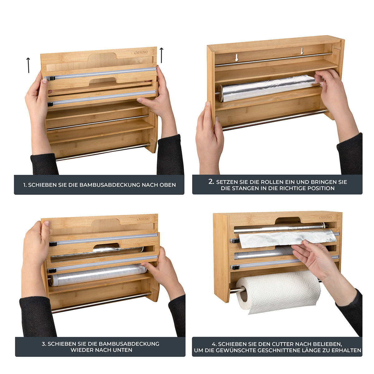 3 in 1 Folienschneider + Wandrollenhalter + Frischhaltefolienspender aus Bambus zum einfachen Schneiden von Alufolie, Frischhaltefolie und Küchenpapier.