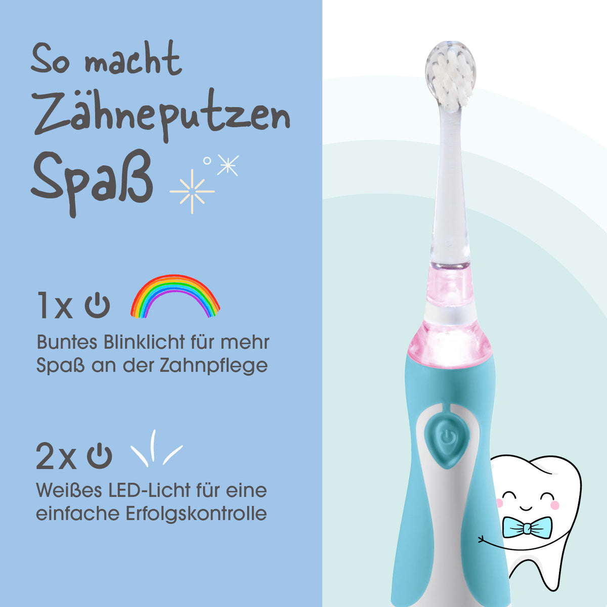 Elektrische Kinder-Zahnbürste mit Smart Timer - Ab 6 Monate* - Blau/Weiß mit Blinklicht und LED für spielerische Zahnpflege.