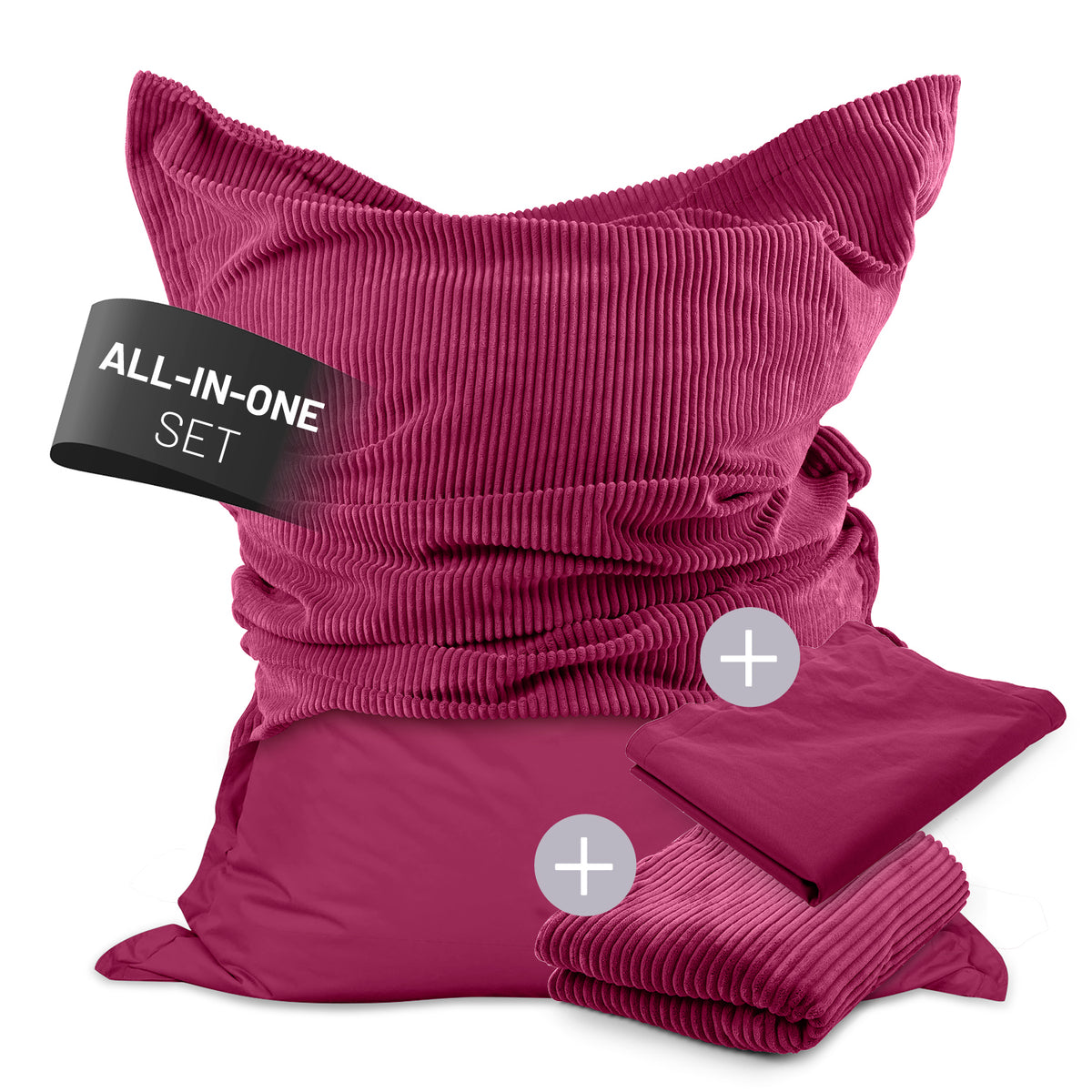 Sitzsack Classic XXL All-in-One Set 380 L 140 x 180 cm Weinrot mit weichem Cord- und wetterfestem Outdoor-Bezug
