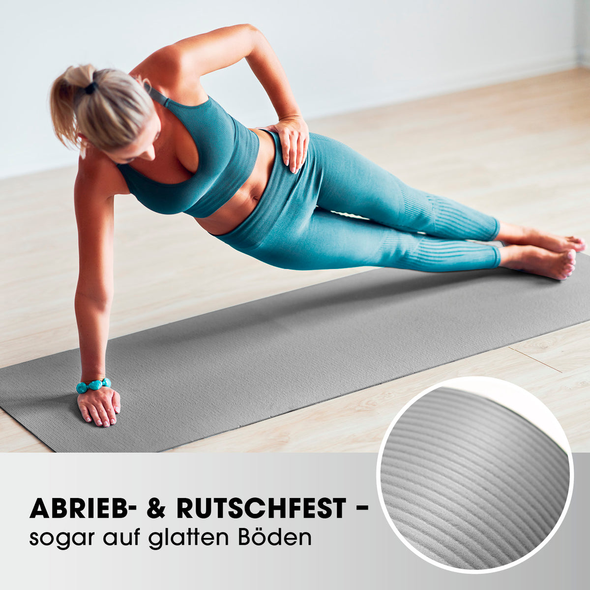 Fitness- und Gymnastikmatte - 183 x 61 x 1,5 cm - Grau, rutschfest und robust für Yoga, Gymnastik und Training im Innen- und Außenbereich.