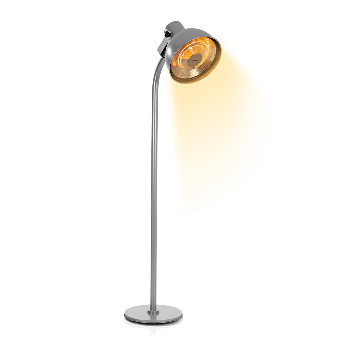 Infrarot-Heizstrahler mit Standfuß im Lampen-Design, mit einstellbaren Heizstufen und Fernbedienung für drinnen und draußen.