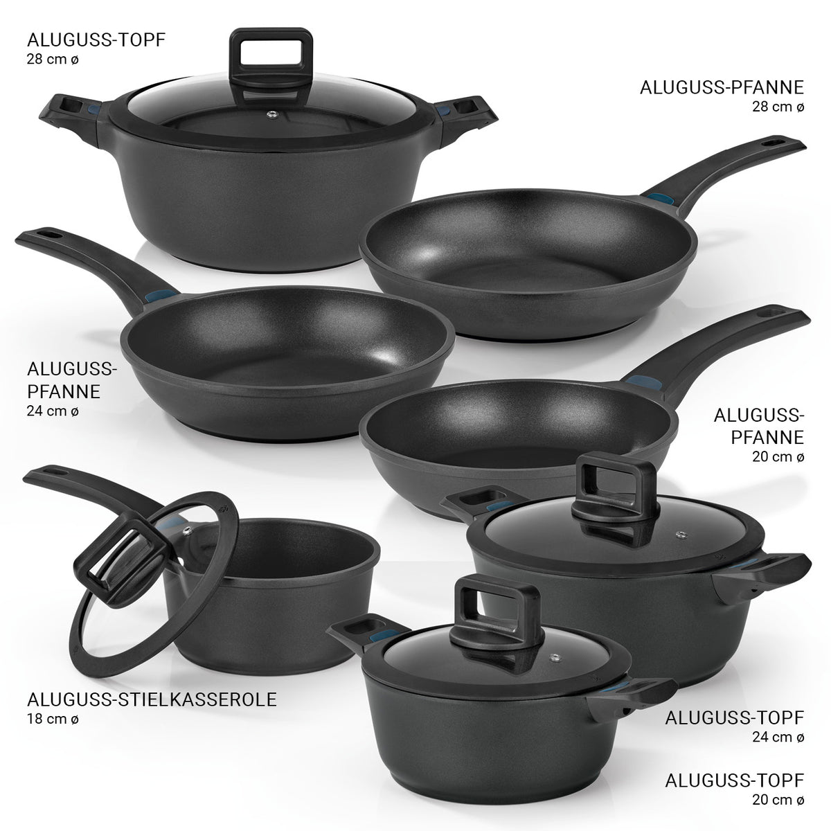 Aluguss-Topf- und Pfannen-Set - 11-teilig mit Deckeln, hitzebeständig, antihaftbeschichtet, geeignet für alle Herdarten inklusive Induktion.