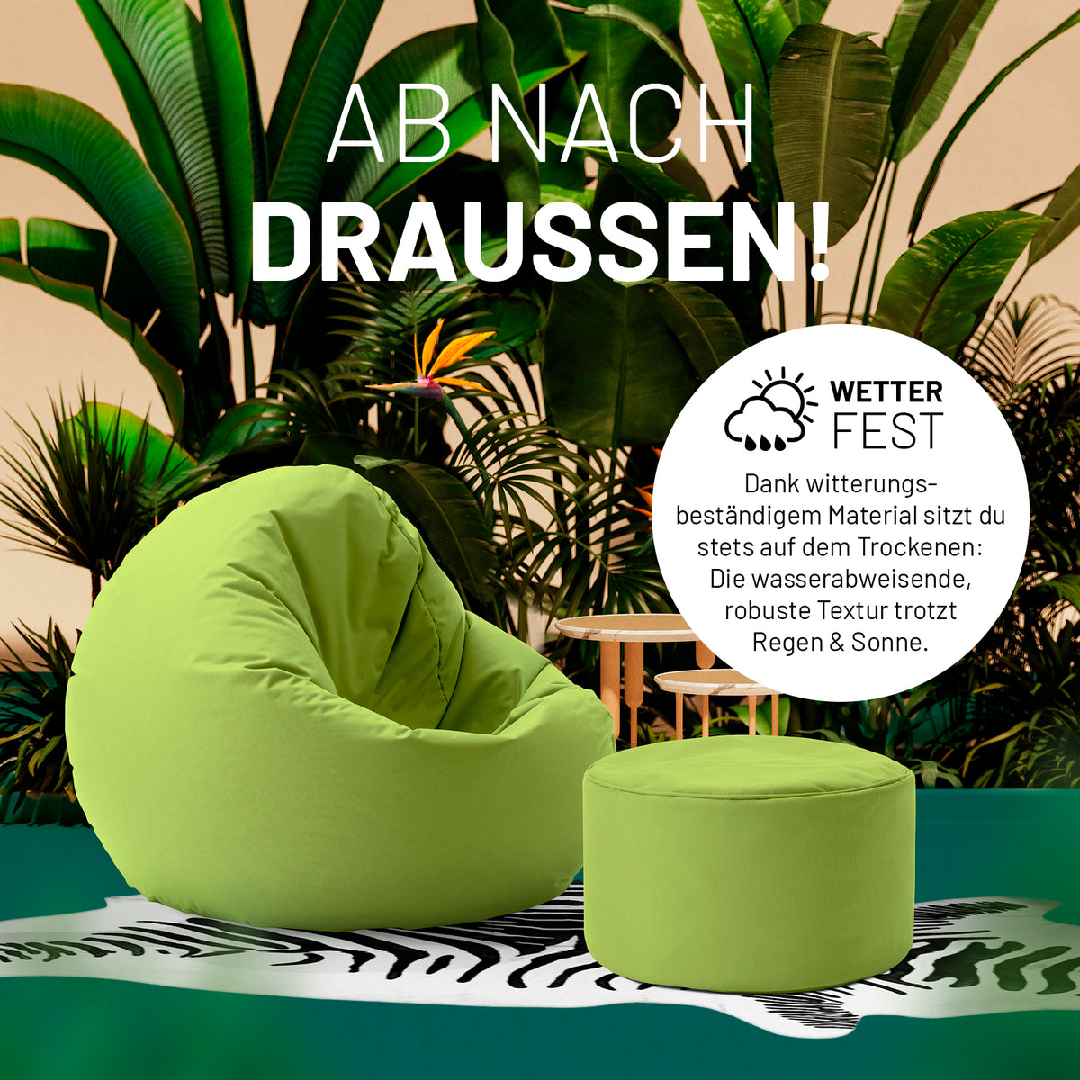 Sitzsack-Hocker/Pouf (50 L) Grün als wetterfester, leichter Sitzhocker für indoor & outdoor mit robustem, wasserabweisendem Material.