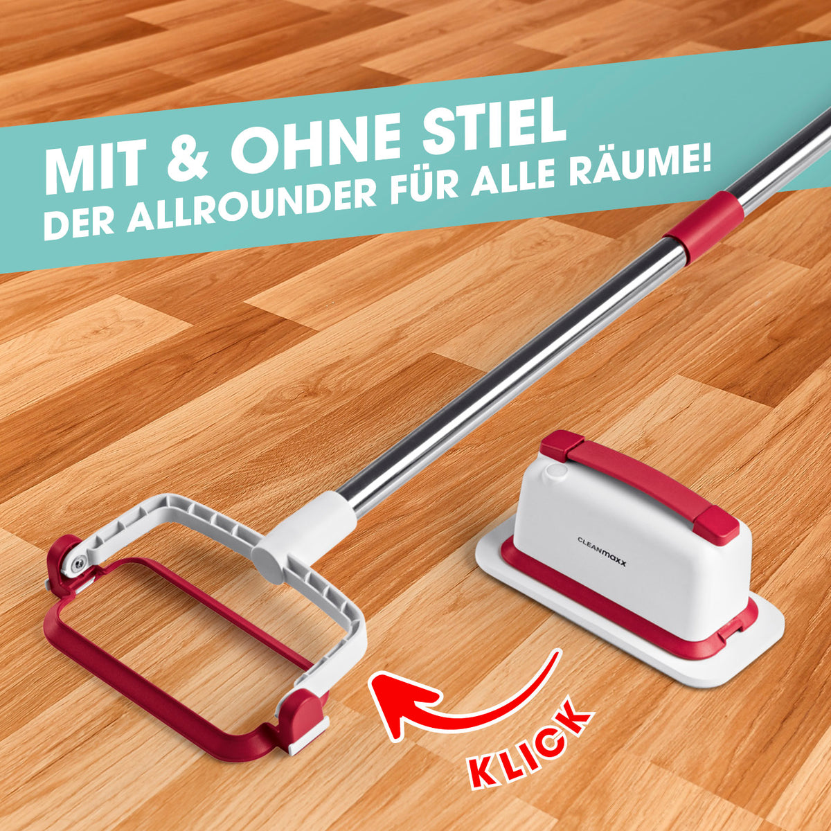 Akku-Scheuerbürste - weiß/rot mit abnehmbarem Stiel, kabellos, für boden- und handgereinigten Einsatz in verschiedenen Räumen.