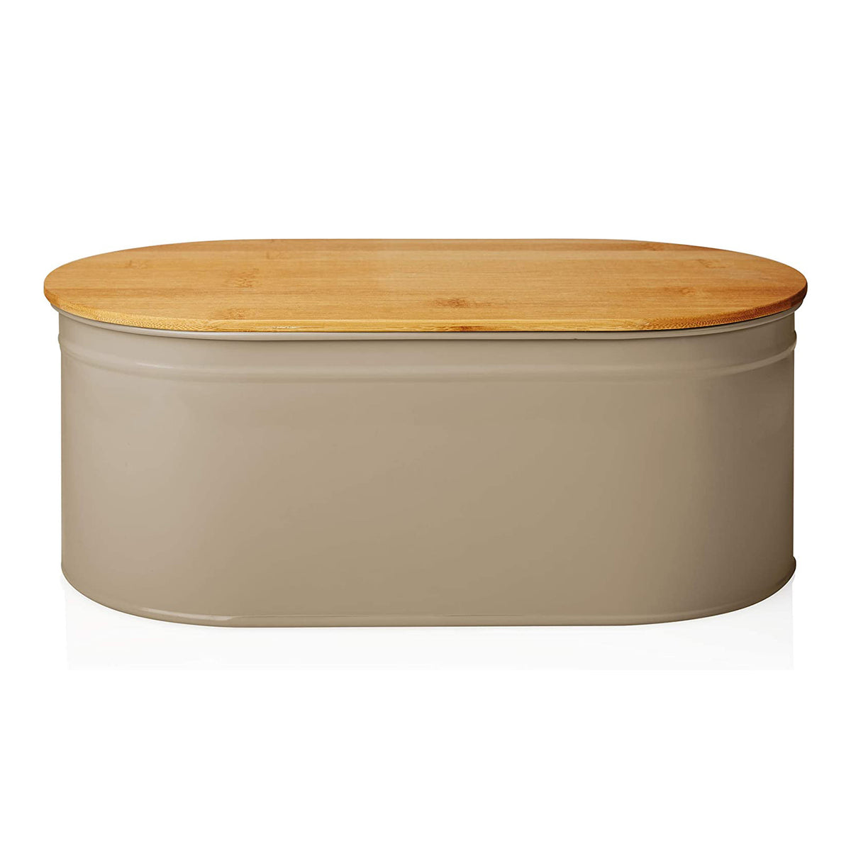Cuisine Brotkasten aus Metall mit Bambus Deckel - Oval 36 x 20 x 13,8 cm in Grau, platzsparend und mit multifunktionalem Schneidebrettdeckel.
