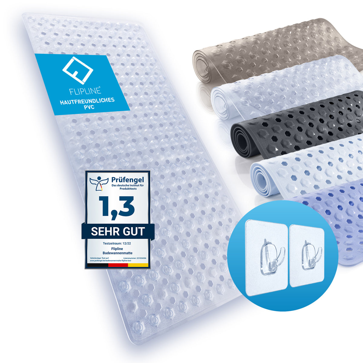 Badewannenmatte 88 x 40 cm – Transparent mit rutschfester PVC-Oberfläche und Saugnäpfen für sicheren Halt im Bad.