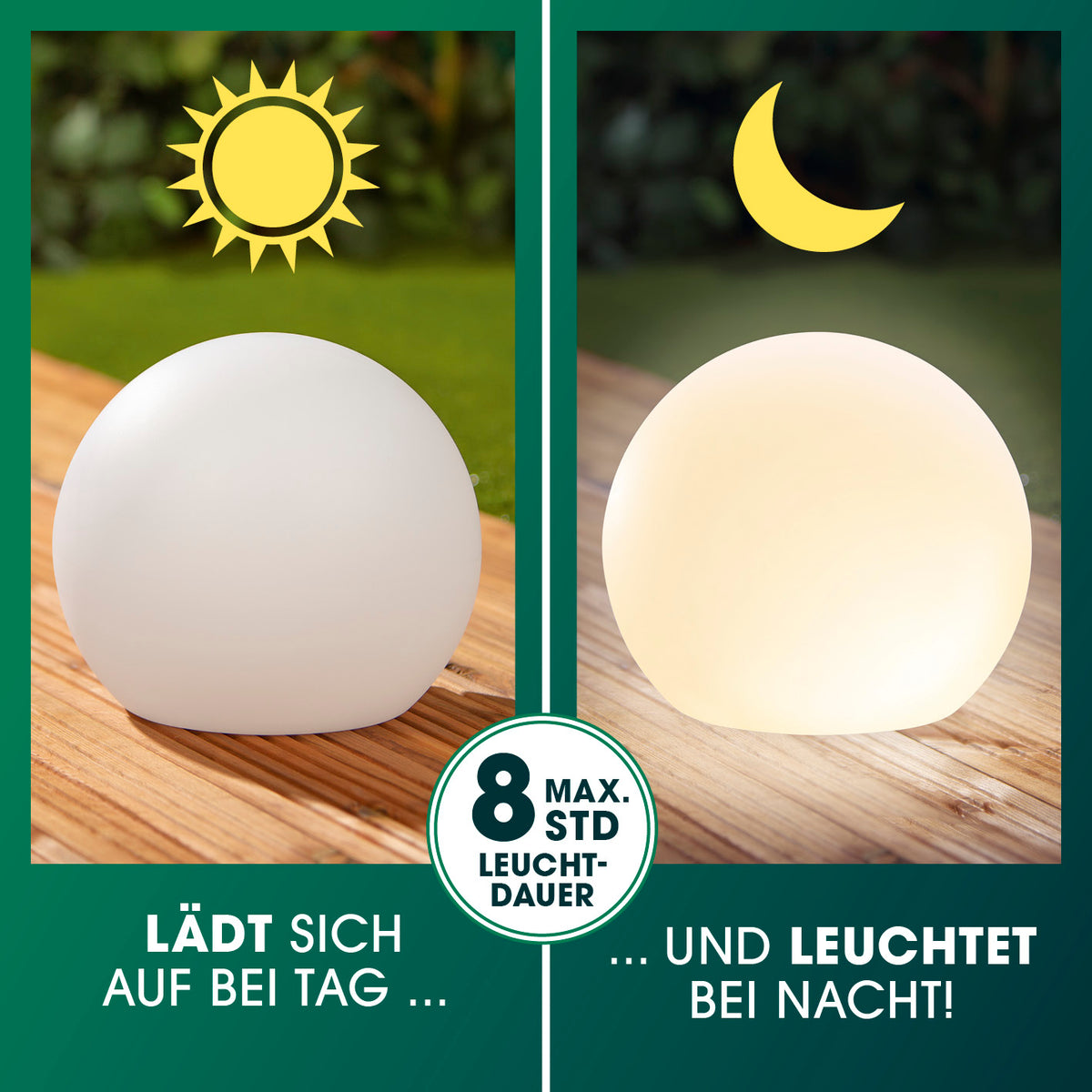 Solar-Dekokugel mit Farbwechsel - 2er-Set lädt sich tagsüber auf und leuchtet nachts bis zu 8 Stunden stimmungsvoll warmweiß.