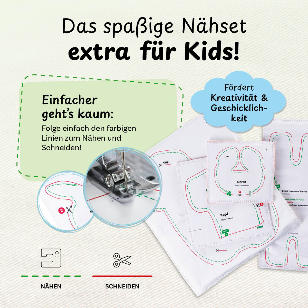 Näh-Baukastenset Motiv Alpaka Anton für Kinder, einfach nähen lernen mit Schritt-für-Schritt-Anleitung und farbigen Nählinien.