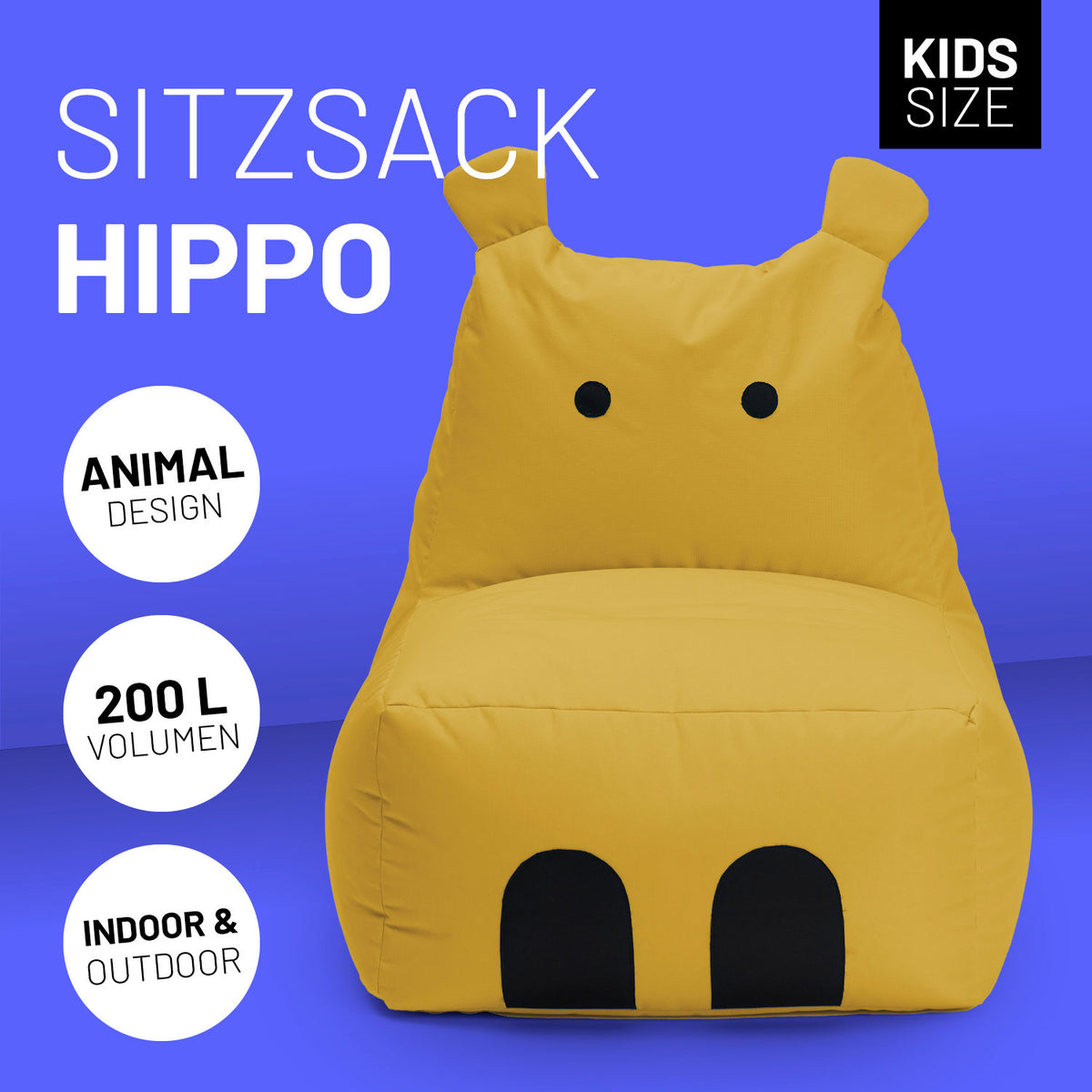 Kindersitzsack Animal Line Hippo (200 L) in Senfgelb, wasserabweisend, kuschelig, für drinnen und draußen, robust und pflegeleicht.