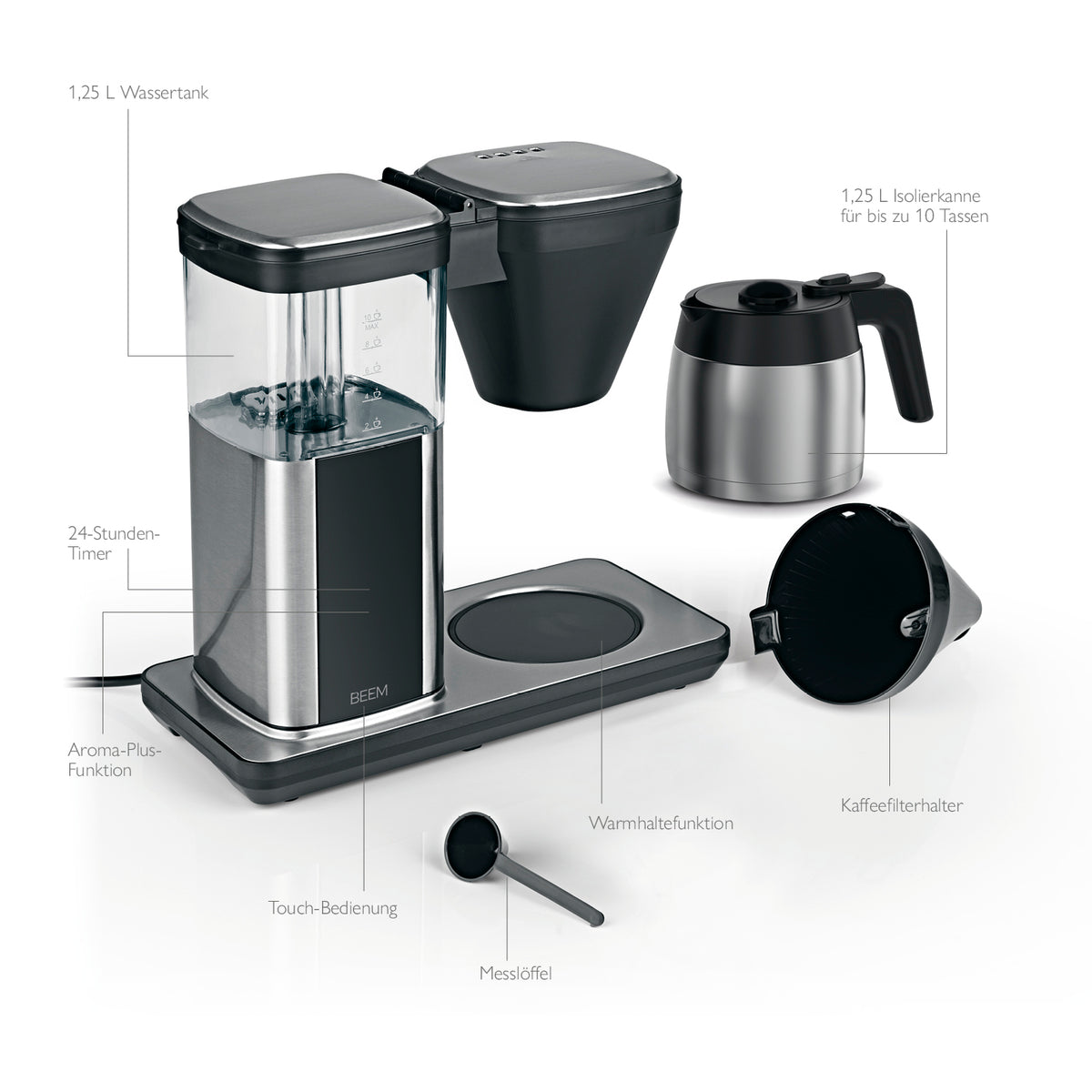 DIRECT-BREW Filterkaffeemaschine - Thermo mit 1,25 l Thermokanne, Aroma-Plus-Funktion, Touch-Display und 24-Stunden-Timer.