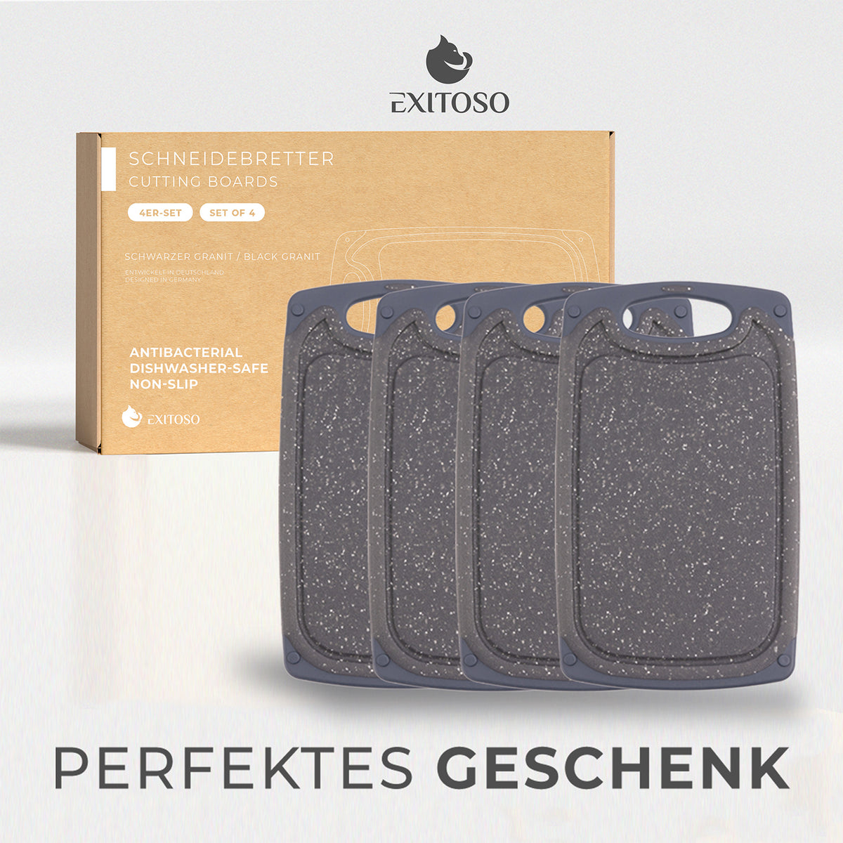 Frühstücksbrettchen - 4er-Set - Marmoroptik Schwarz, rutschfest, spülmaschinengeeignet, BPA-frei, vielseitig für Frühstück und Schneiden.
