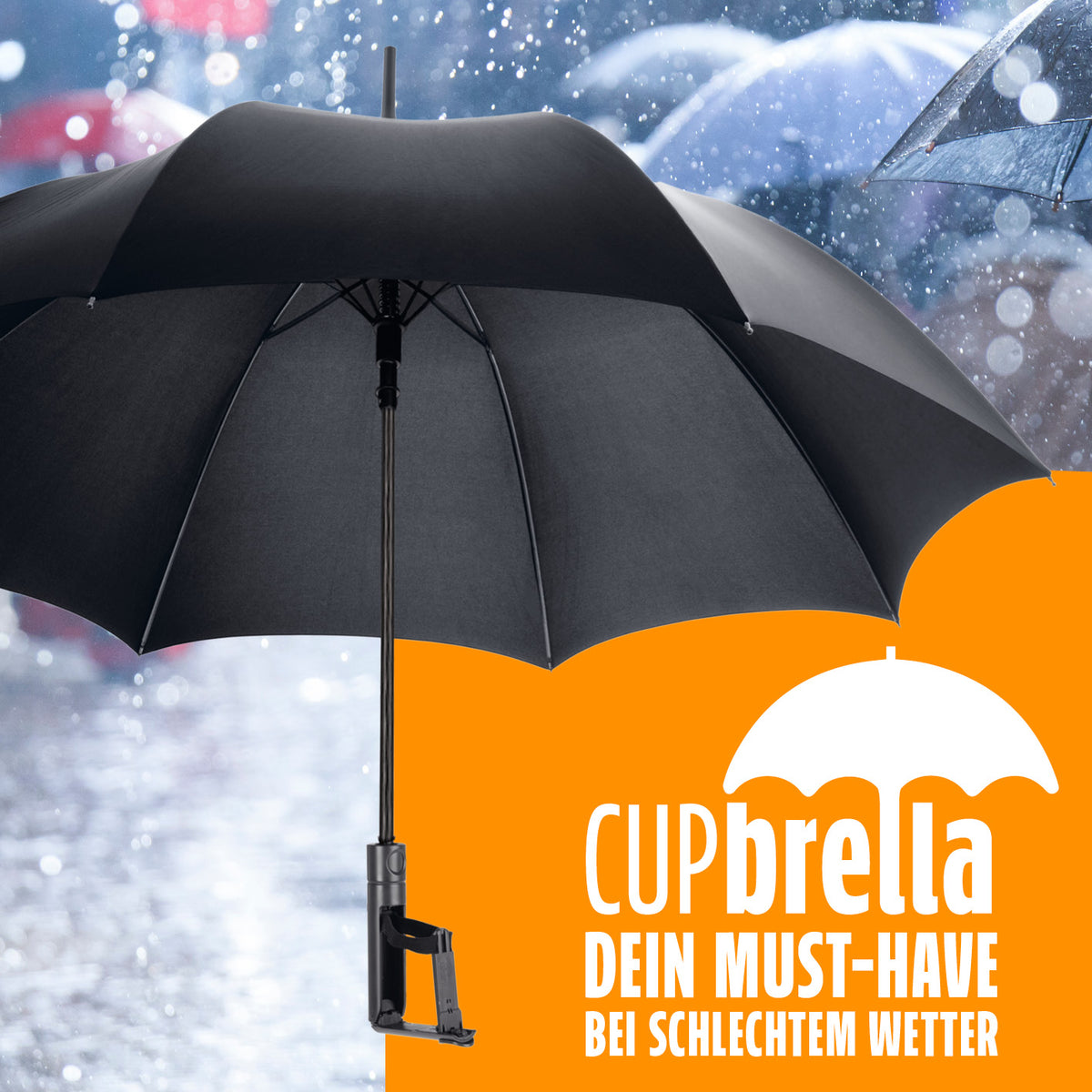 Regenschirm mit Getränkehalter aus sturmfestem Material mit integriertem Halter für 0,3 bis 0,5 Liter Gefäße.
