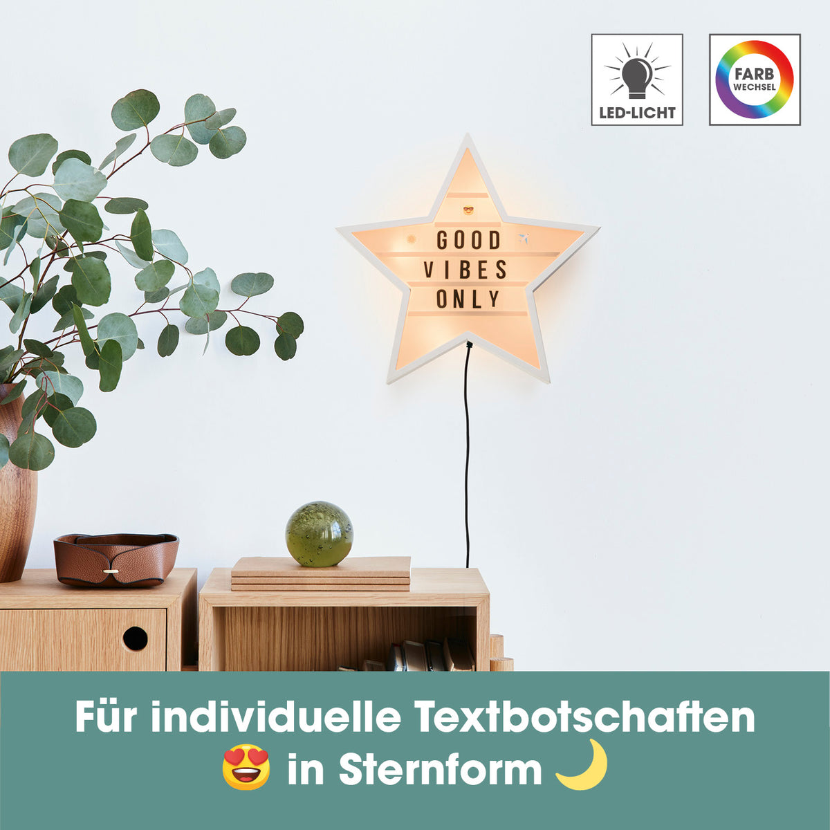 LED-Leuchtkasten Stern - 173 Buchstaben & 150 Moodjis für individuelle Textbotschaften in Sternform mit LED-Farbwechsel und kabellosem Betrieb.