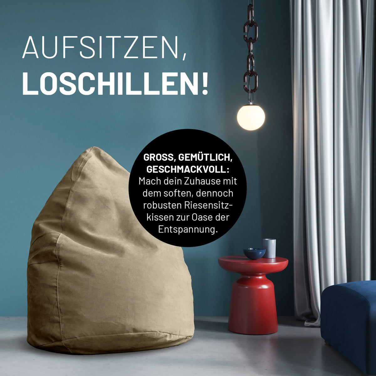 Luxury XL PLUS Sitzsack (220 L) in Beige, großes, gemütliches Sitzkissen mit hochwertiger EPS-Füllung für drinnen.