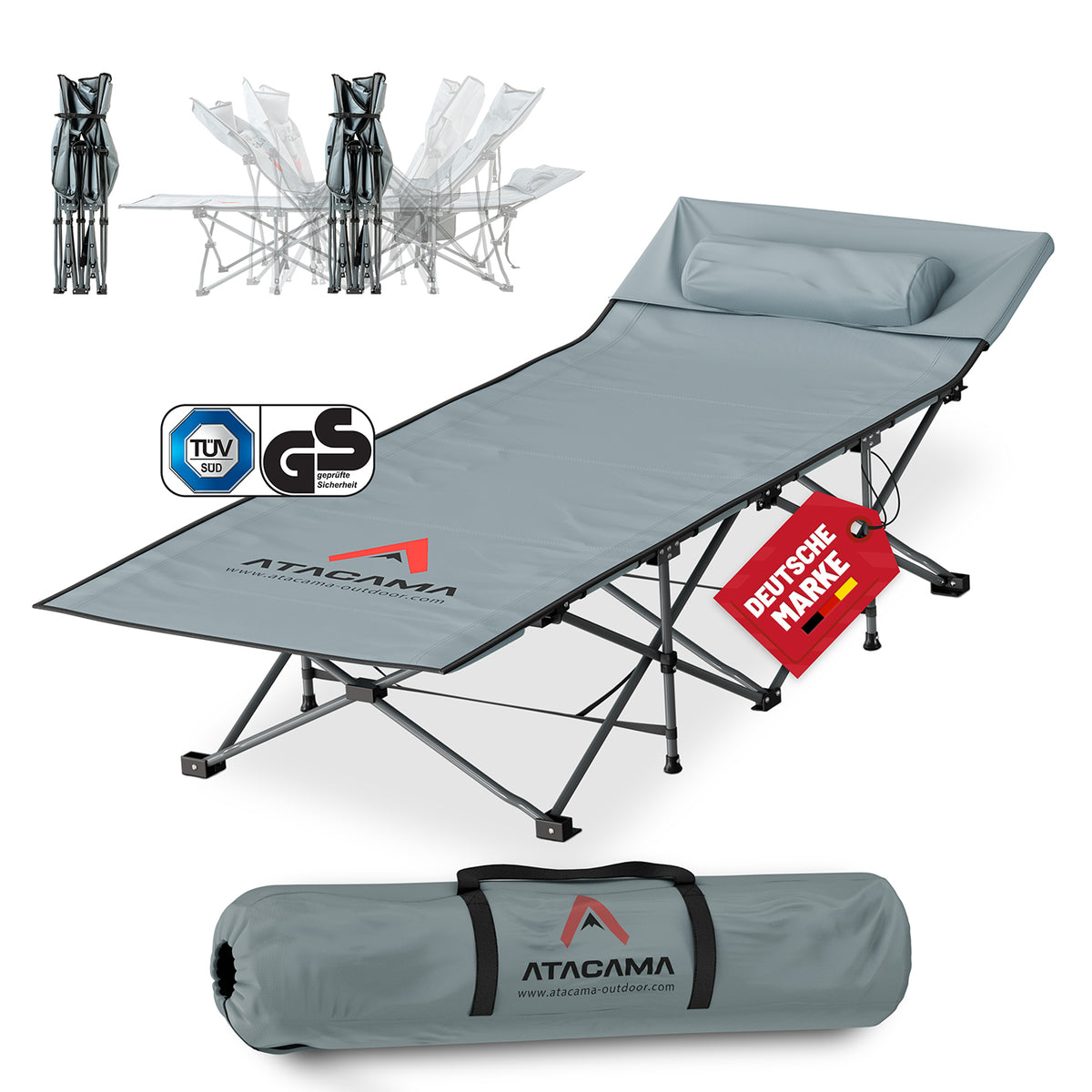 Campingbett mit Matratze - 190 x 68 x 38 cm, klappbar, leicht, robust mit Kissen, Tragetasche, rostfreiem Stahlrahmen, ideal für Outdoor und Gäste.