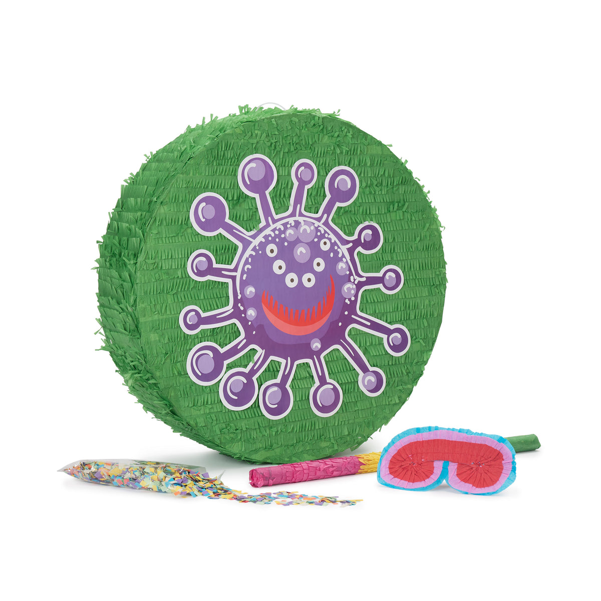 Pinata Set zum Befüllen inkl. Schläger & Augenbinde "Beat The Virus" mit grünem Virus-Motiv, Konfetti, Stock und Augenmaske.