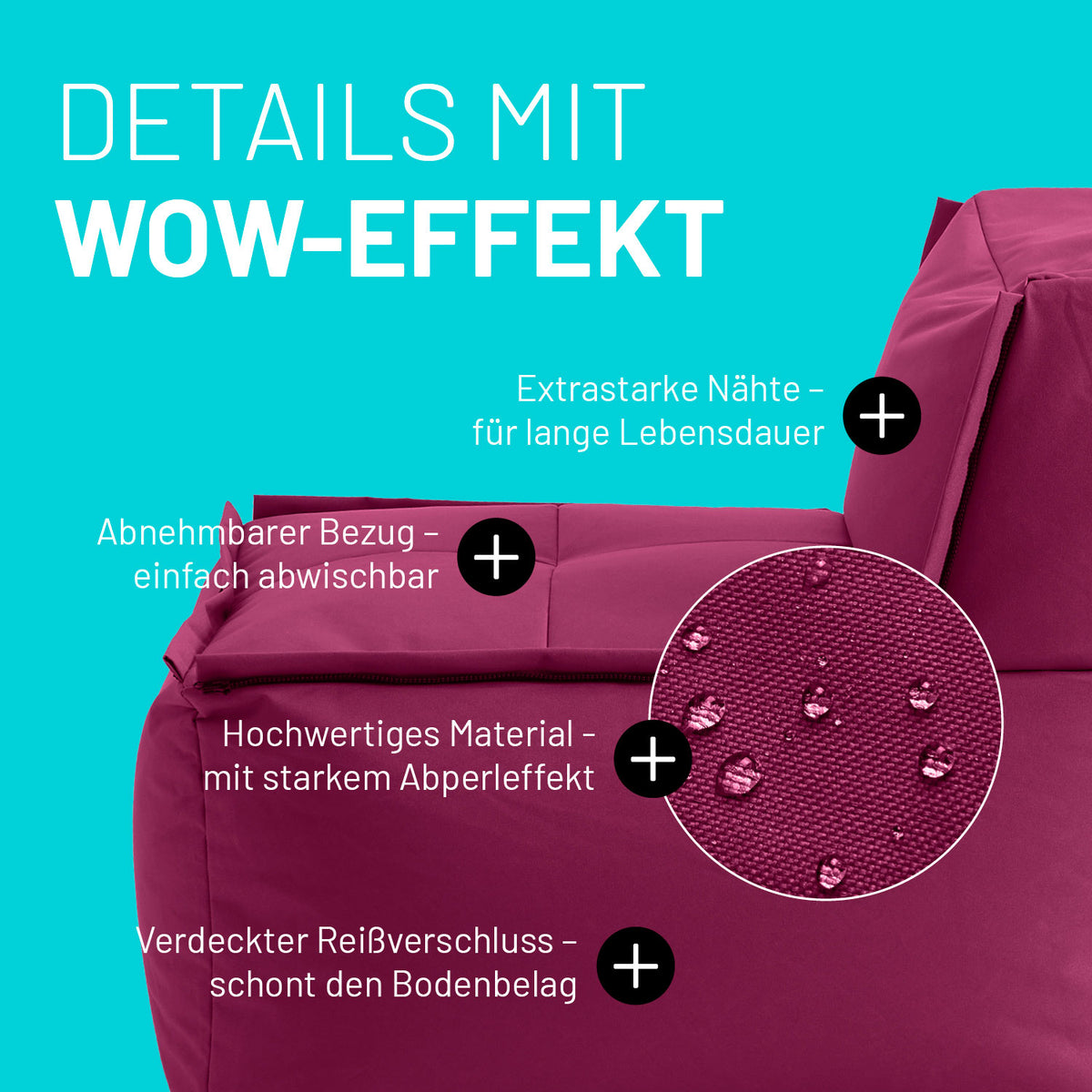 Sitzsack-Sofa Mittelstück (200 L) - Modulares System - indoor & outdoor - Rotwein mit pflegeleichtem, abwischbarem Bezug und extrastarken Nähten.