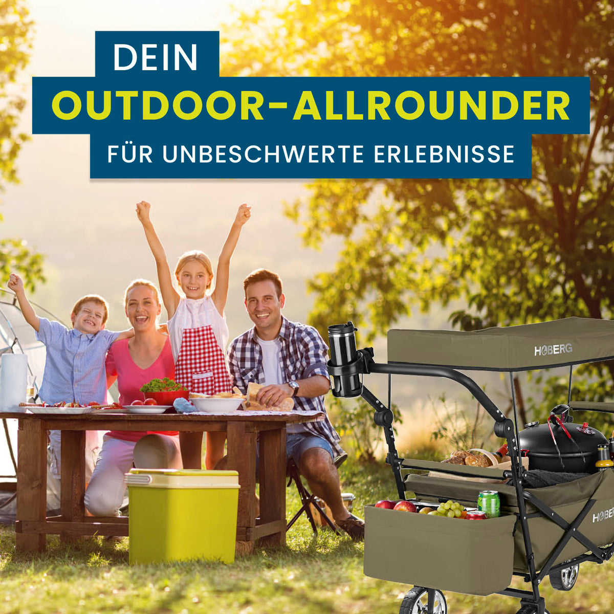 Faltbarer Bollerwagen - Beige von HOBERG mit robustem Nylonbezug, wasserfestem Dach und praktischem Getränkehalter für Outdoor-Ausflüge.