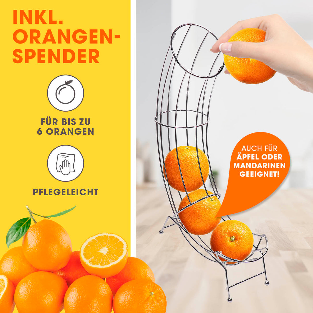 Manuelle Saftpresse + Orangenständer - Silber mit Orangenhalter für bis zu 6 Früchte, robust und pflegeleicht, ideal für Zitrusfrüchte.