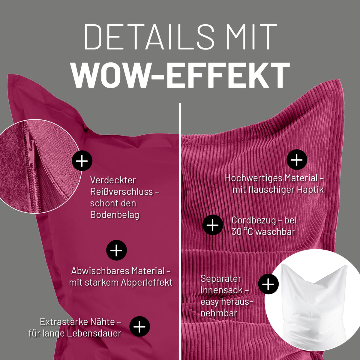 Sitzsack Classic XXL All-in-One Set 380 L Weinrot mit verdecktem Reißverschluss, Cordbezug und waschbarem Innen- und Außensack