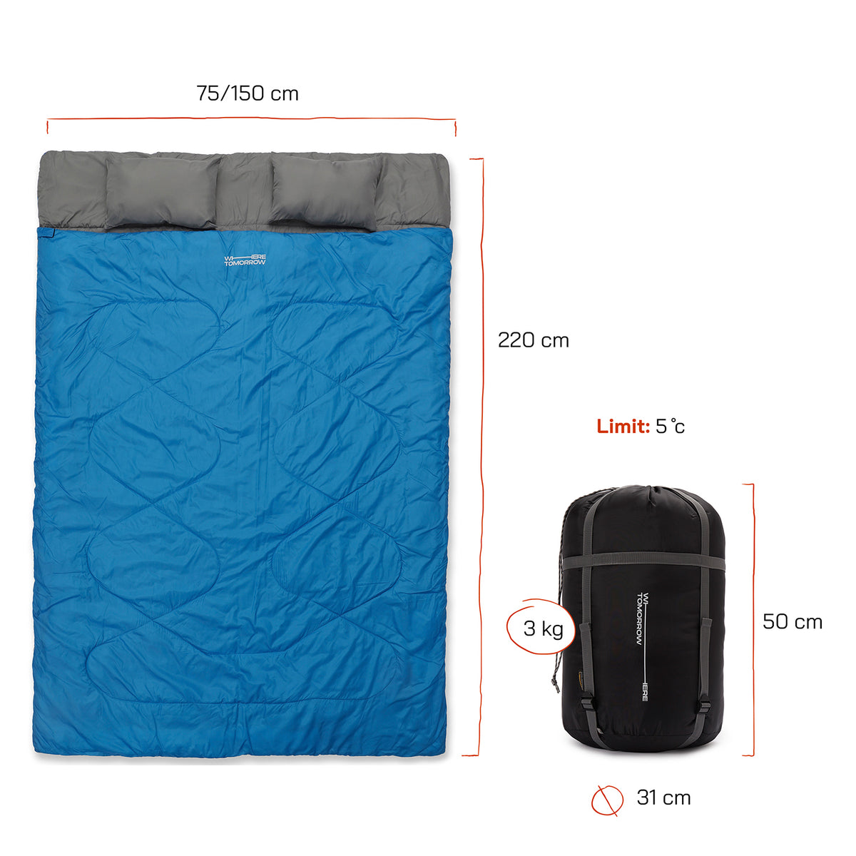 Doppelschlafsack mit Tragetasche - 2-Personen Schlafsack 190x150 cm royalblau, wasserabweisend, atmungsaktiv, ideal fürs Camping bis 5°C.
