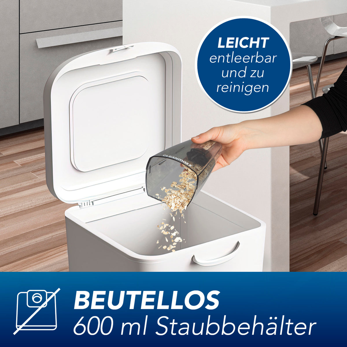 Akku-Handstaubsauger mit 600 ml beutellosem Staubbehälter, leicht entleerbar und ideal für einfache Reinigung.