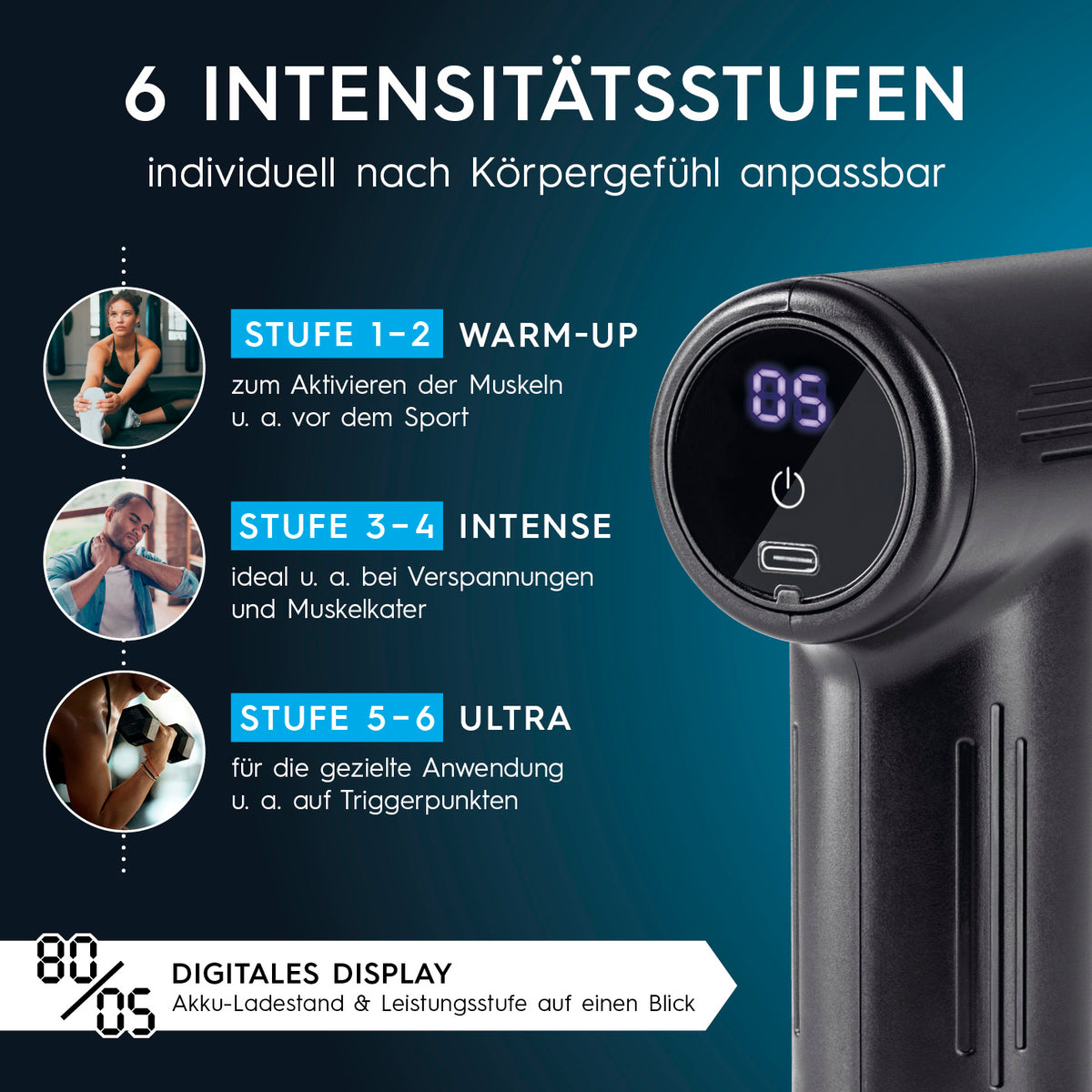 Massagegerät Mini-Gun schwarz/silber mit 6 Intensitätsstufen, digitalem Display und Akku für vielseitige Muskelbehandlung.