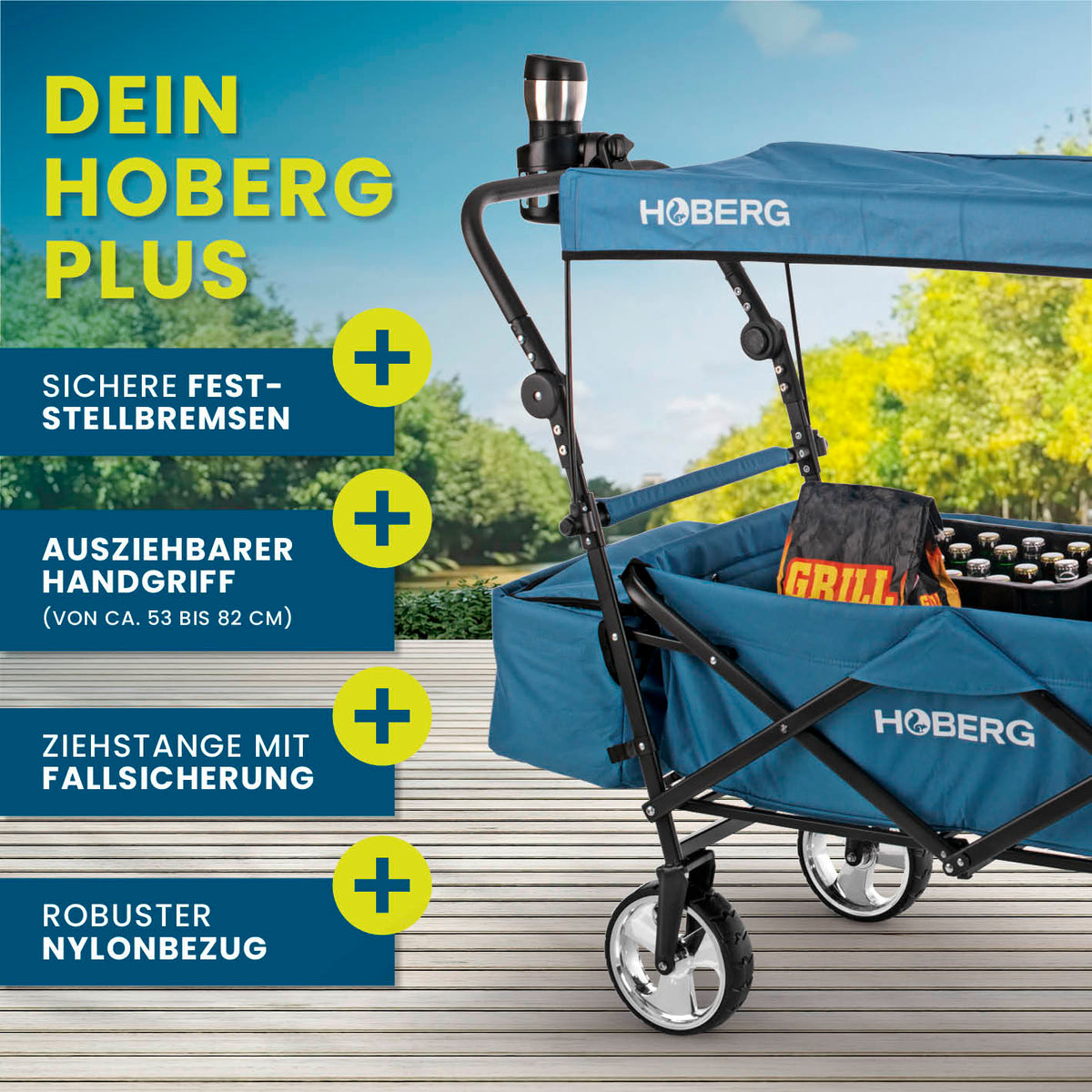 Faltbarer Bollerwagen - Blau von HOBERG mit stabilem Nylonbezug, ausziehbarem Griff und sicherer Fallsicherung für Outdoor-Ausflüge.