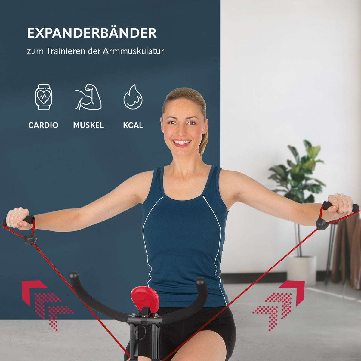 Heimtrainer Fitness Bike mit Expanderbändern zeigt Frau beim Ganzkörper-Training mit Widerstandsbändern und Trainingscomputer.