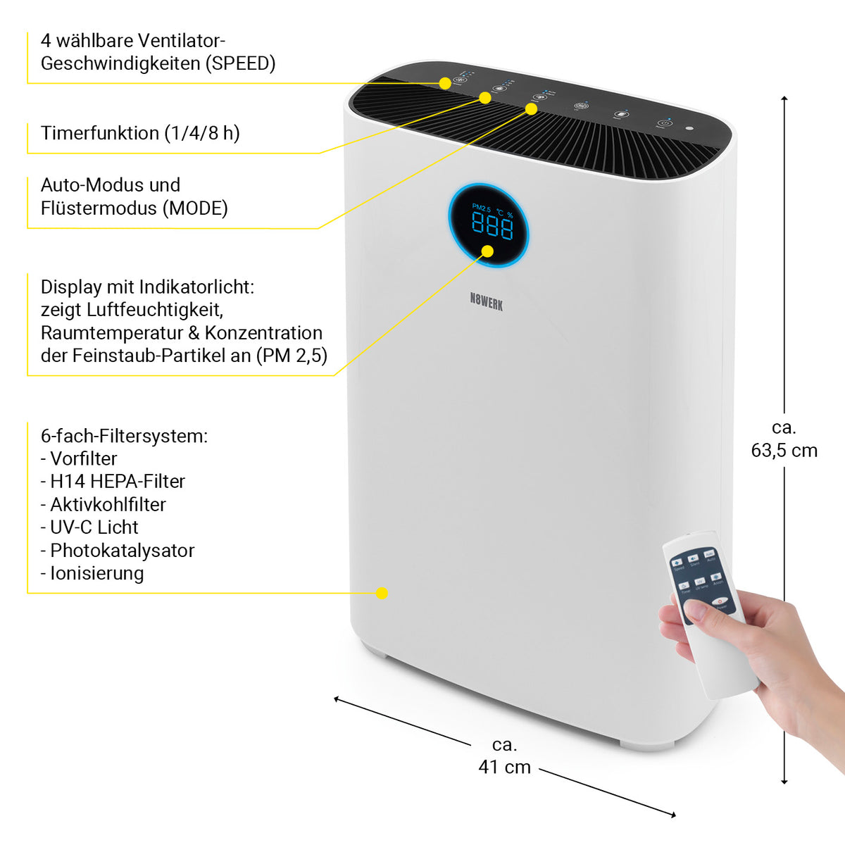 Luftreiniger M - HEPA H14 mit 6-fach-Filtersystem, Display, 4 Ventilatormodi, Timer, Auto- und Flüstermodus sowie Fernbedienung.
