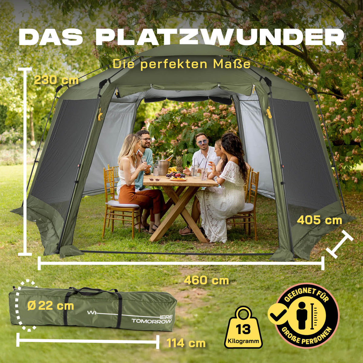 Pop-up-Pavillon mit Mückenschutz - grün, schnell aufbaubar, Platz für 6 Personen, Maße 405x460x230 cm, wetterfest und luftig.