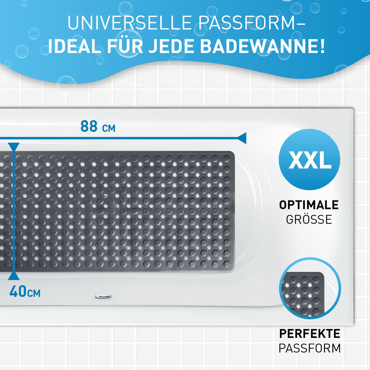 Badewannenmatte 88 x 40 cm – Dunkelgrau mit rutschfester Struktur und Saugnäpfen, optimale Größe für jede Badewanne.
