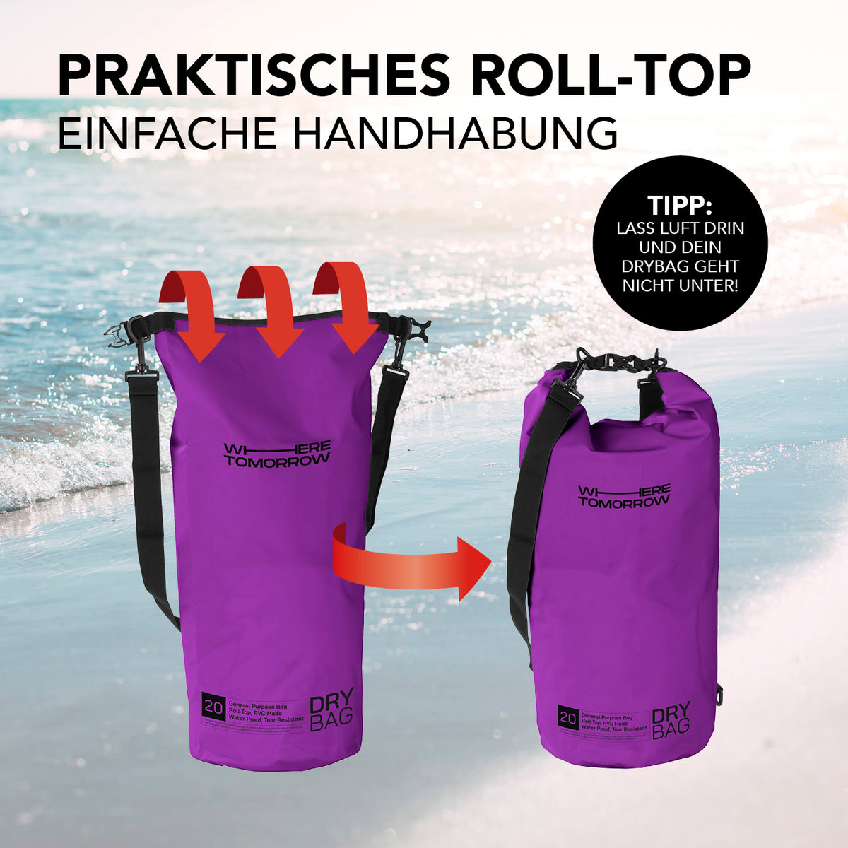 Dry Bag 20L - Style 01 - Lila mit wasserdichtem Rolltop-Verschluss, robust und ideal für Outdoor-Abenteuer wie Standup-Paddling und Camping.