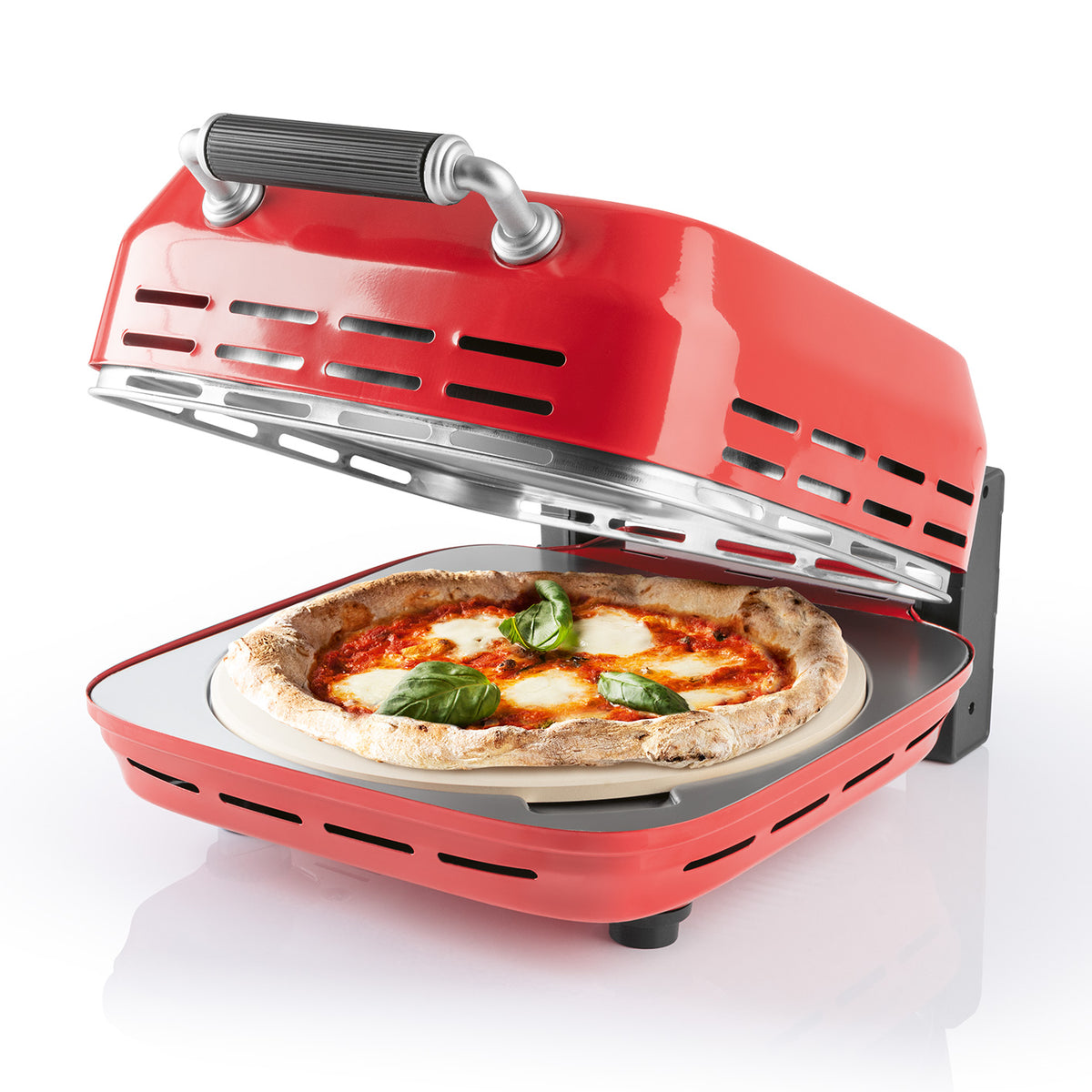 Elektro-Pizzaofen inkl. Pizzastein in Rot mit frisch gebackener Pizza, bis 400 °C, 30-Minuten-Timer und Cool-Touch-Griff.