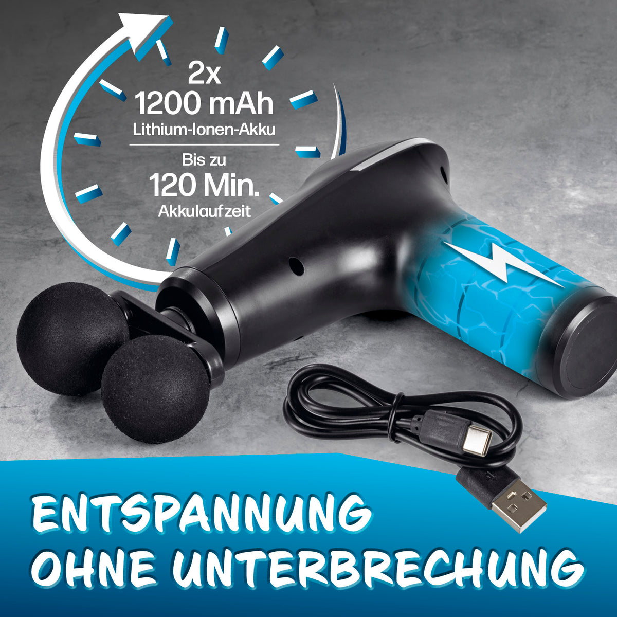 Mini Massage Gun mit 4 Aufsätzen, kompakt, mit Lithium-Ionen-Akku, bis zu 120 Min. Laufzeit, inkl. USB-C Ladekabel, für entspannte Massage.