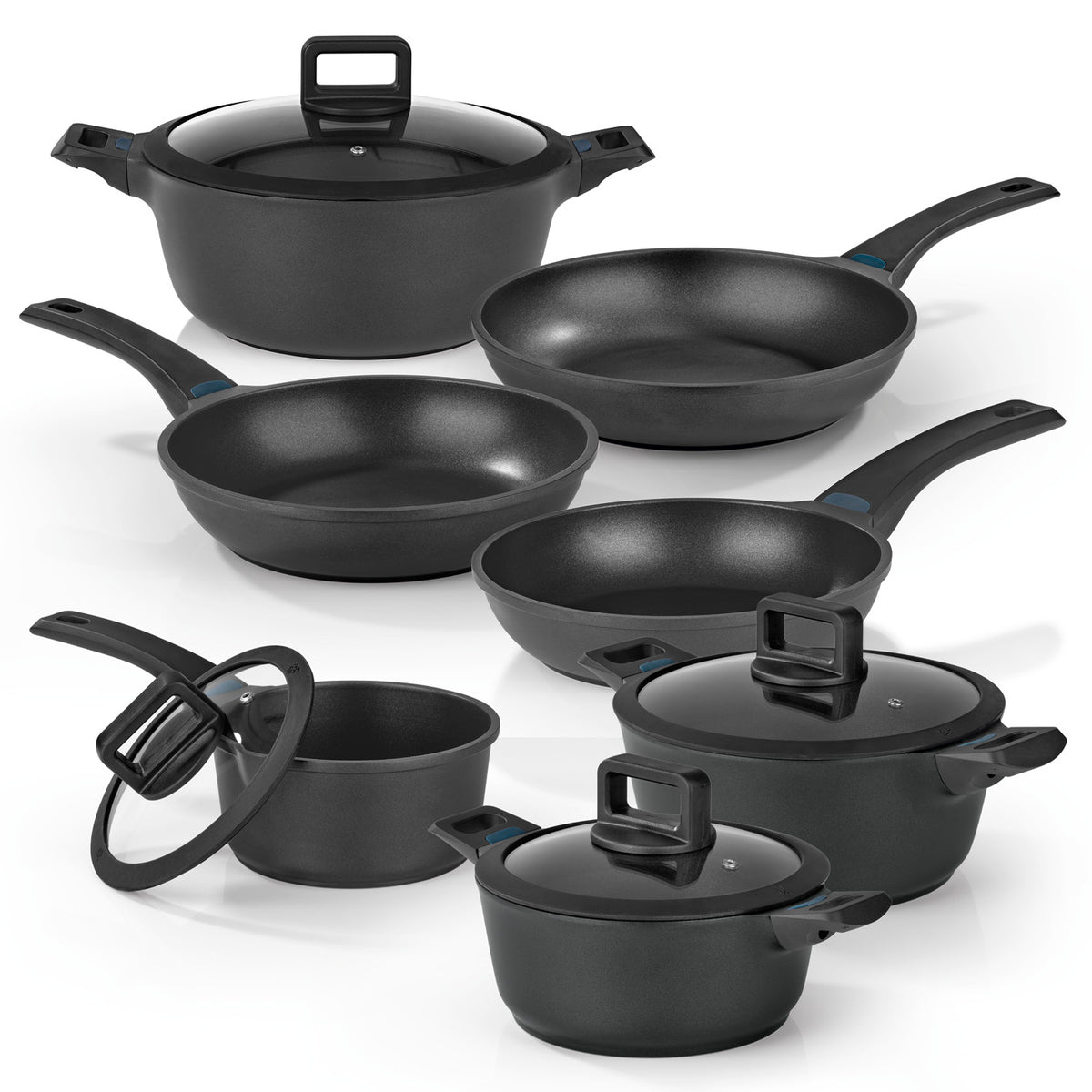 Aluguss-Topf- und Pfannen-Set - 11-teilig, robust, antihaftbeschichtet, inklusive Deckel, geeignet für alle Herdarten und Backofen bis 150 Grad.
