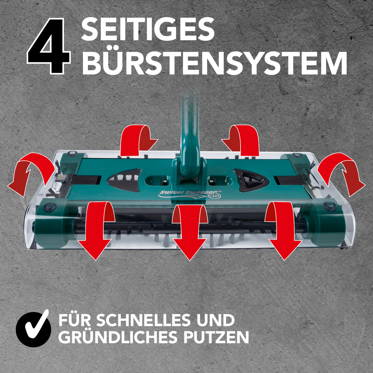 Akku-Besen Swivel Sweeper G2 + Ersatz-Akku mit 4 seitigem Bürstensystem für schnelles und gründliches kabelloses Reinigen.