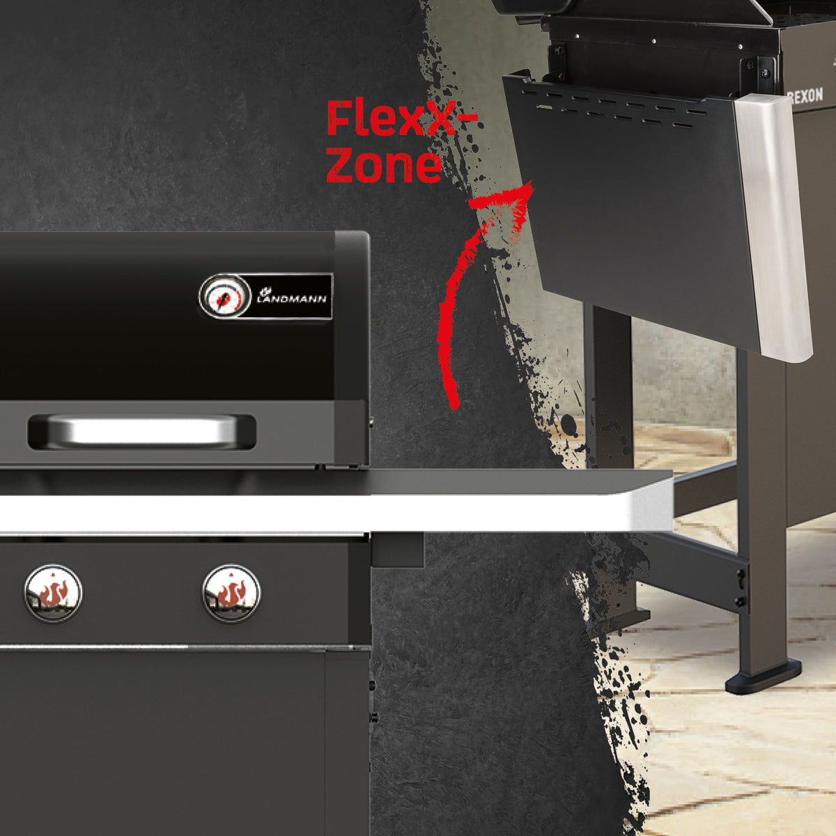 Gasgrill Rexon 2.0 mit zwei stufenlos einstellbaren Edelstahl-Brennern und FlexX-Zone für vielseitiges Grillen.