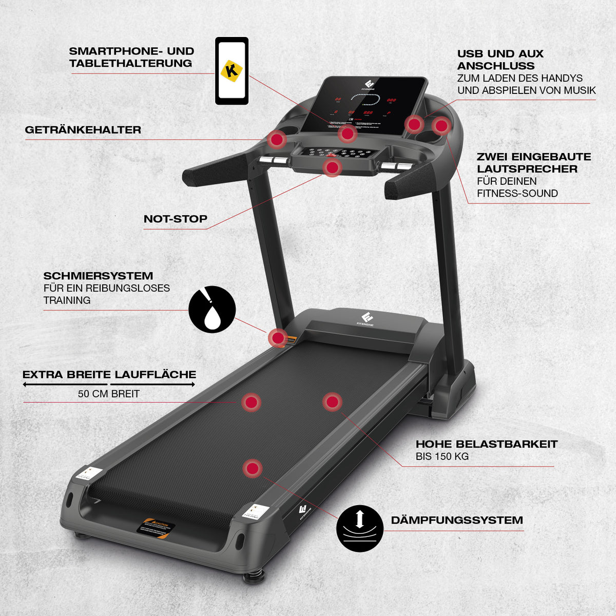 Laufband RACE18 mit 50 cm breiter Lauffläche, bis 150 kg belastbar, USB, AUX, Smartphonehalterung und Soft-Drop System.