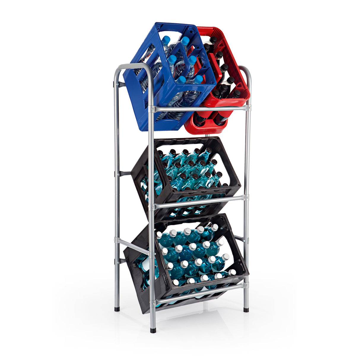 Metall Getränkekisten-Regal für 3 Kisten - 127x50x34 cm, stabil und platzsparend zur horizontalen und vertikalen Lagerung von Getränkekisten.