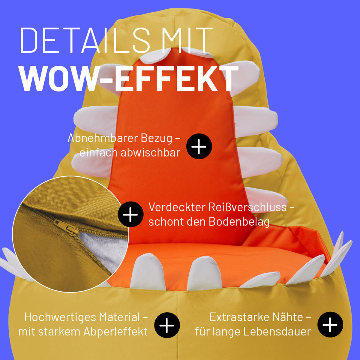 Kindersitzsack Animal Line Dino (270 L) in Senfgelb mit abnehmbarem Bezug, verdecktem Reißverschluss und robustem, wasserabweisendem Material.