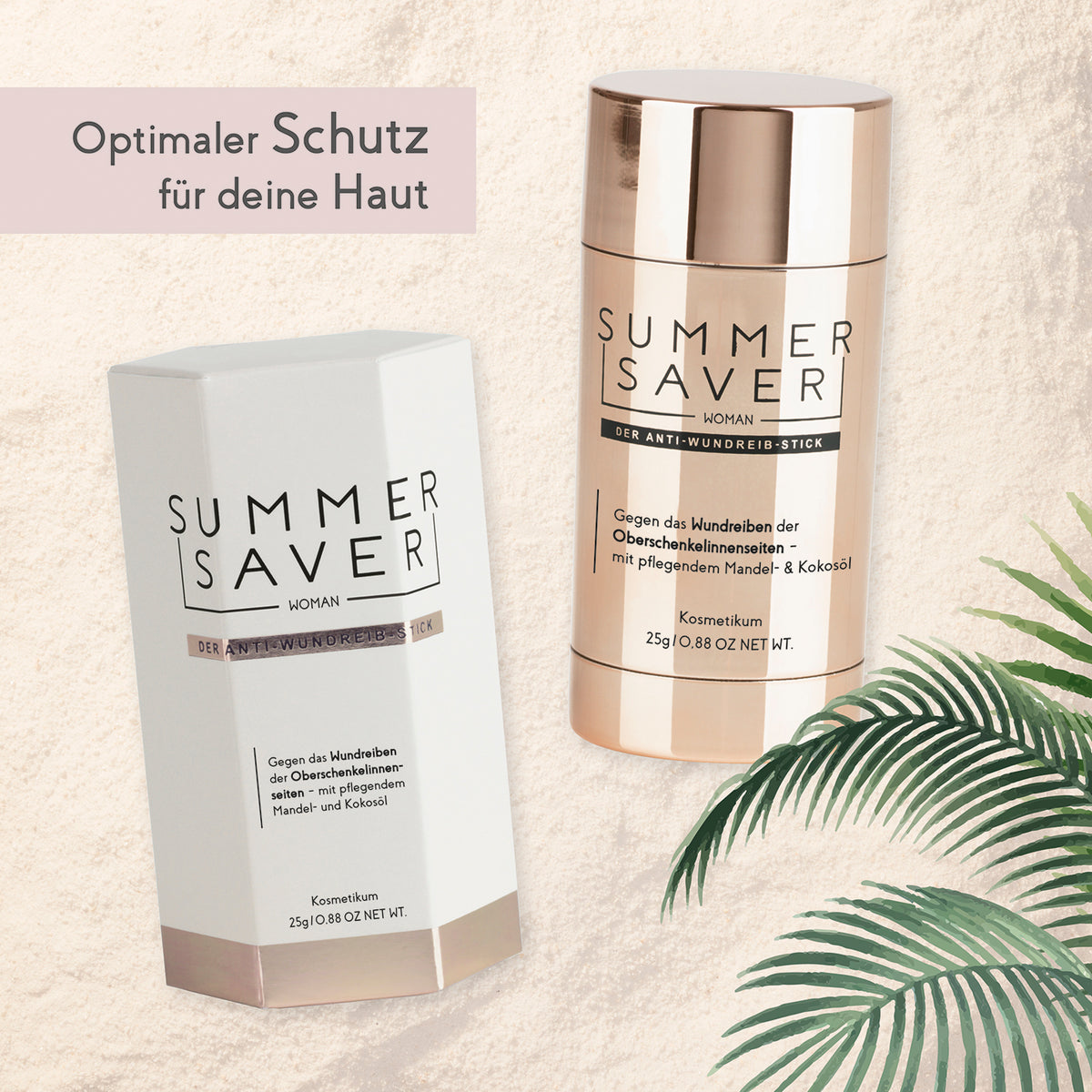 Kosmetikum - Anti-Wundreib-Stick - Woman - 2er-Set zeigt zwei pflegende Deo-Sticks gegen Wundreiben der Oberschenkelinnenseiten.
