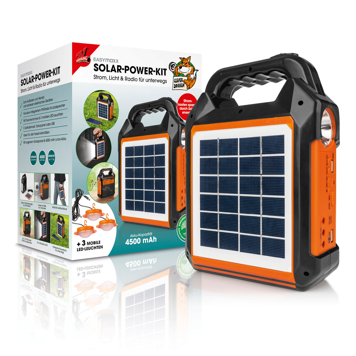Solar-Generator Kit 4500mAh schwarz/orange mit Solarpanel, FM-Radio, Lautsprecher, Taschenlampe und LED-Leuchten, tragbar für unterwegs.