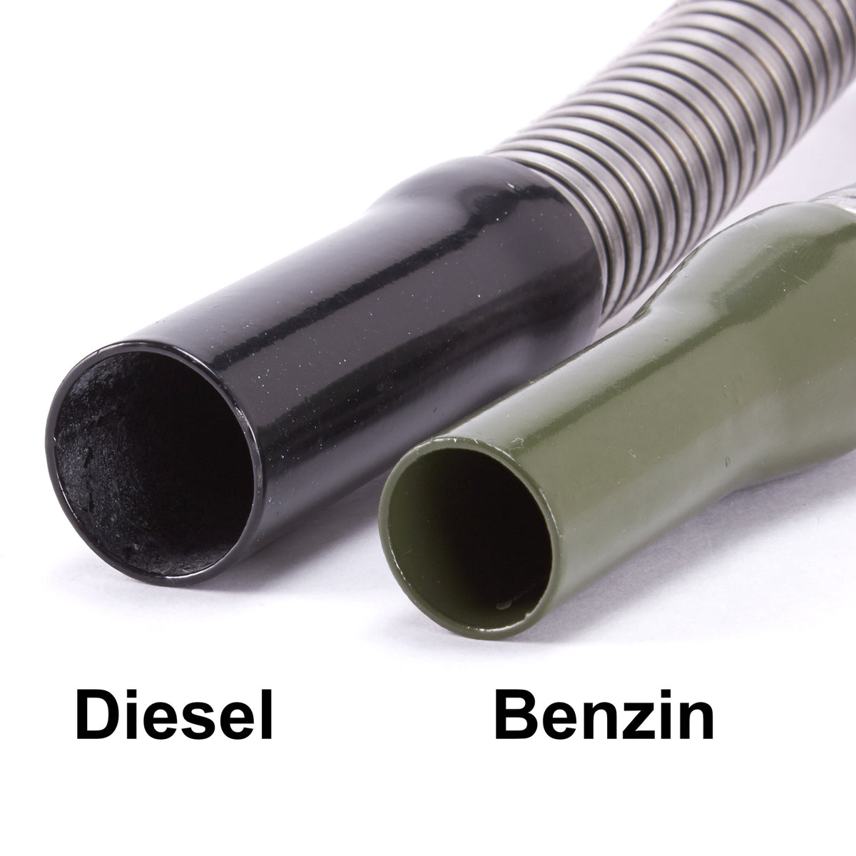 Flexibler Ausgießer für Benzin für Metall-Kraftstoffkanister Olivgrün, 25 cm lang, mit Entlüftungskanal und internem Filter.