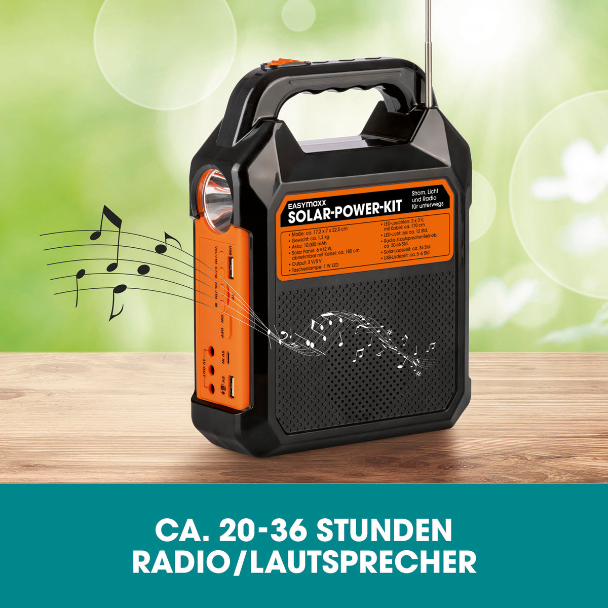 Solar-Generator Kit 10000mAh mit integriertem Radio, Lautsprecher, Taschenlampe und Solar- oder USB-Aufladung.
