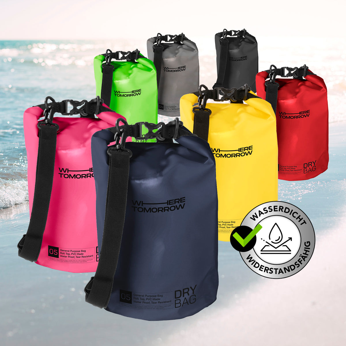 Dry Bag 5L - Style 01 - Dunkelblau, wasserdichter und robuster Outdoor-Rucksack mit verstellbarem Schultergurt und Rolltop-Verschluss.