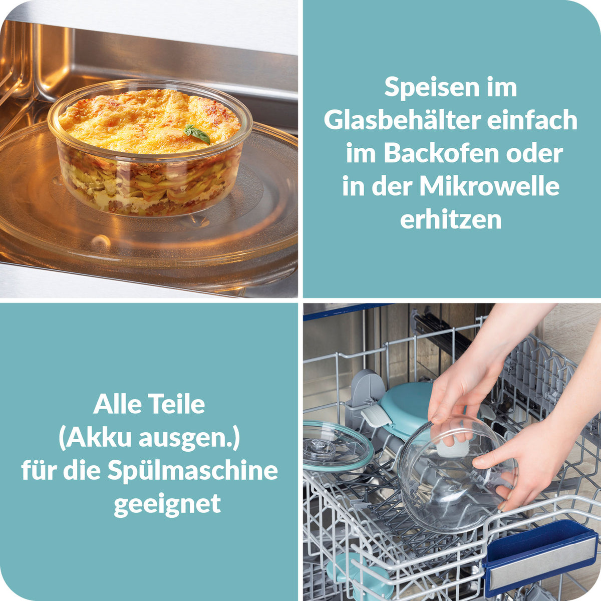 Glas-Lunchbox Klick-it mit integriertem Kühlakku – 950 ml, hitzebeständig, spülmaschinenfest, grau/grün, mit auslaufsicherem Deckel.
